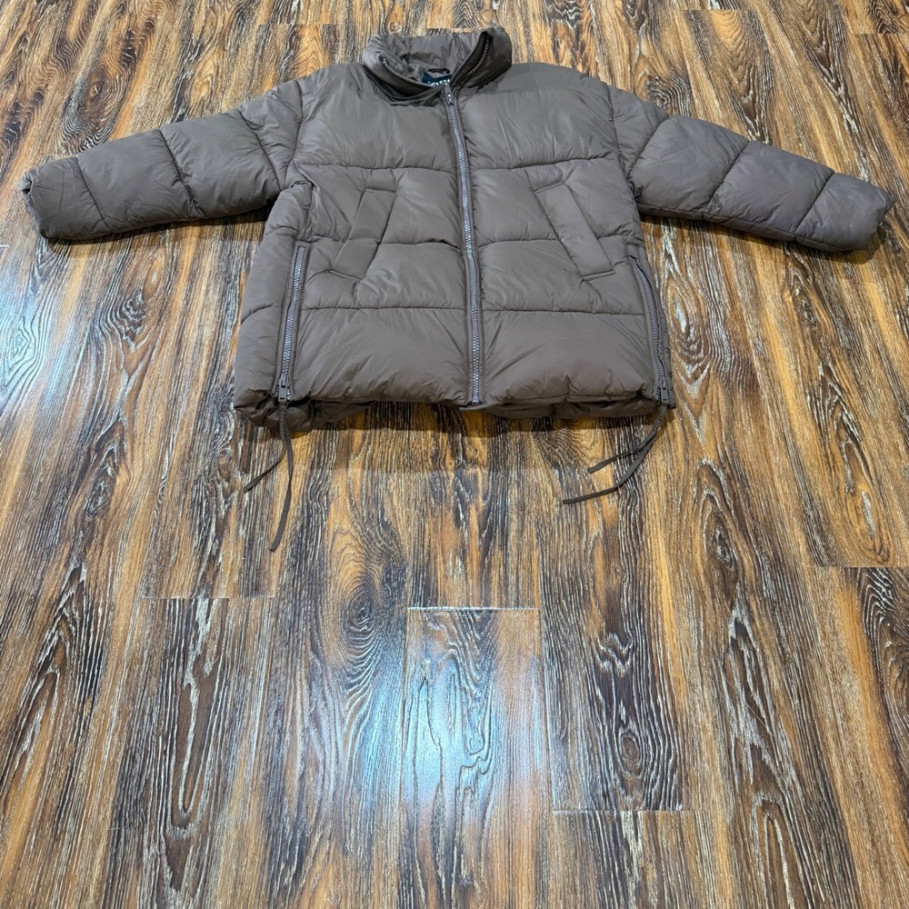 Zara Womens M Chocolate Brown Quilted Puffer Jacket Side Zip Oversized Medium